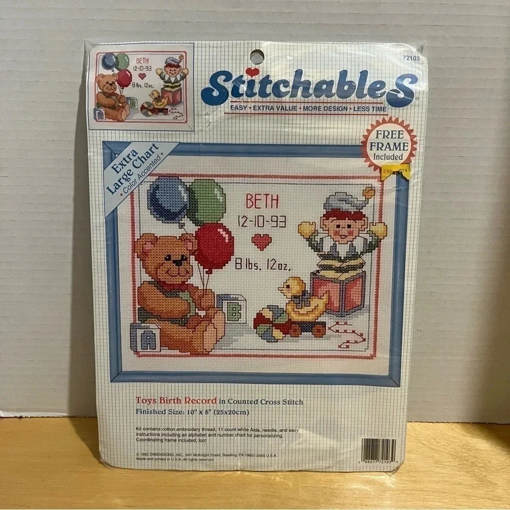 Stitchables Cross Stitch Kit Baby Birth Record 10x8 Thread Fabric Frame Pattern